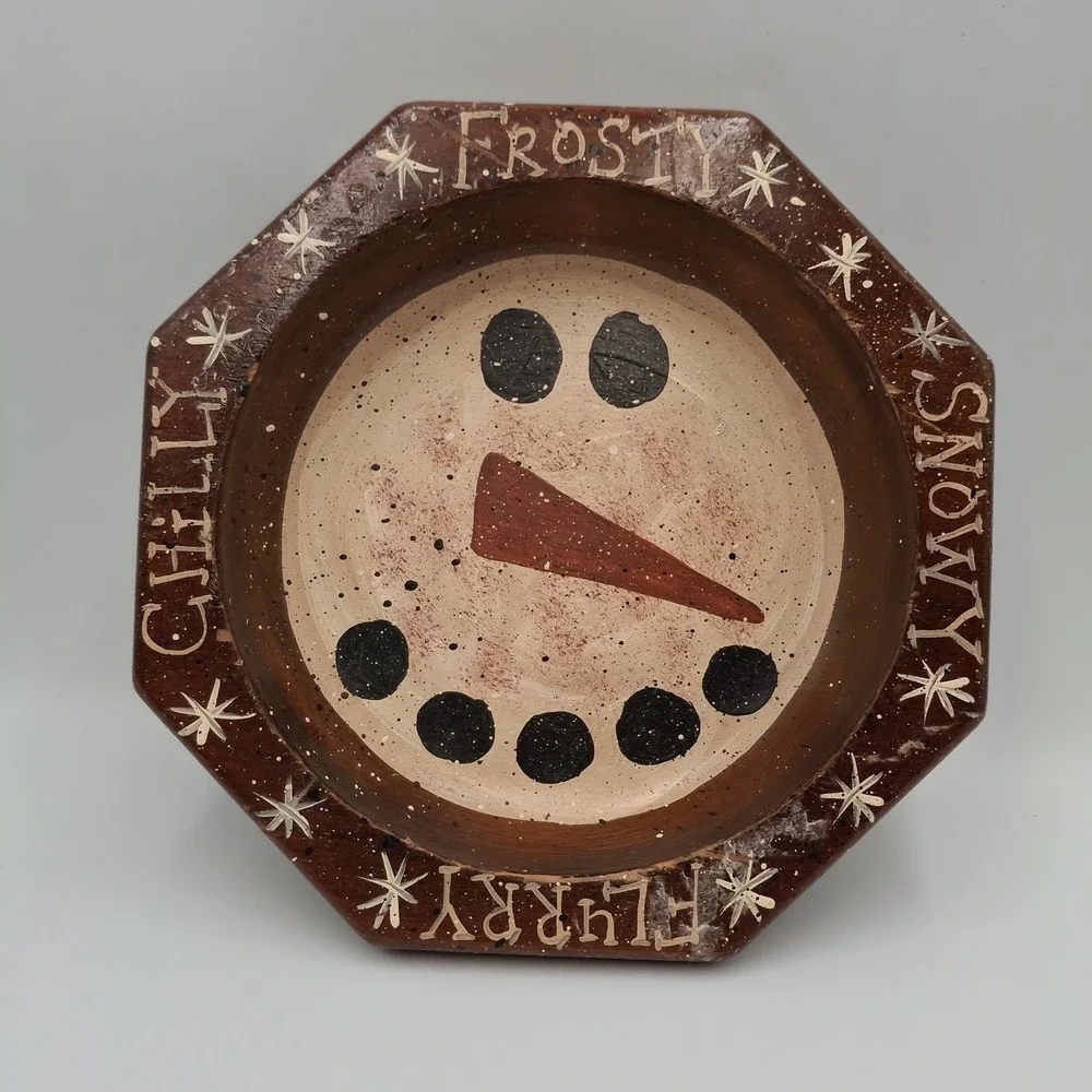 Vintage Octagon Wooden Snowman Bowl Dish Frosty Flurry Snowman Decor Rustic 8 In